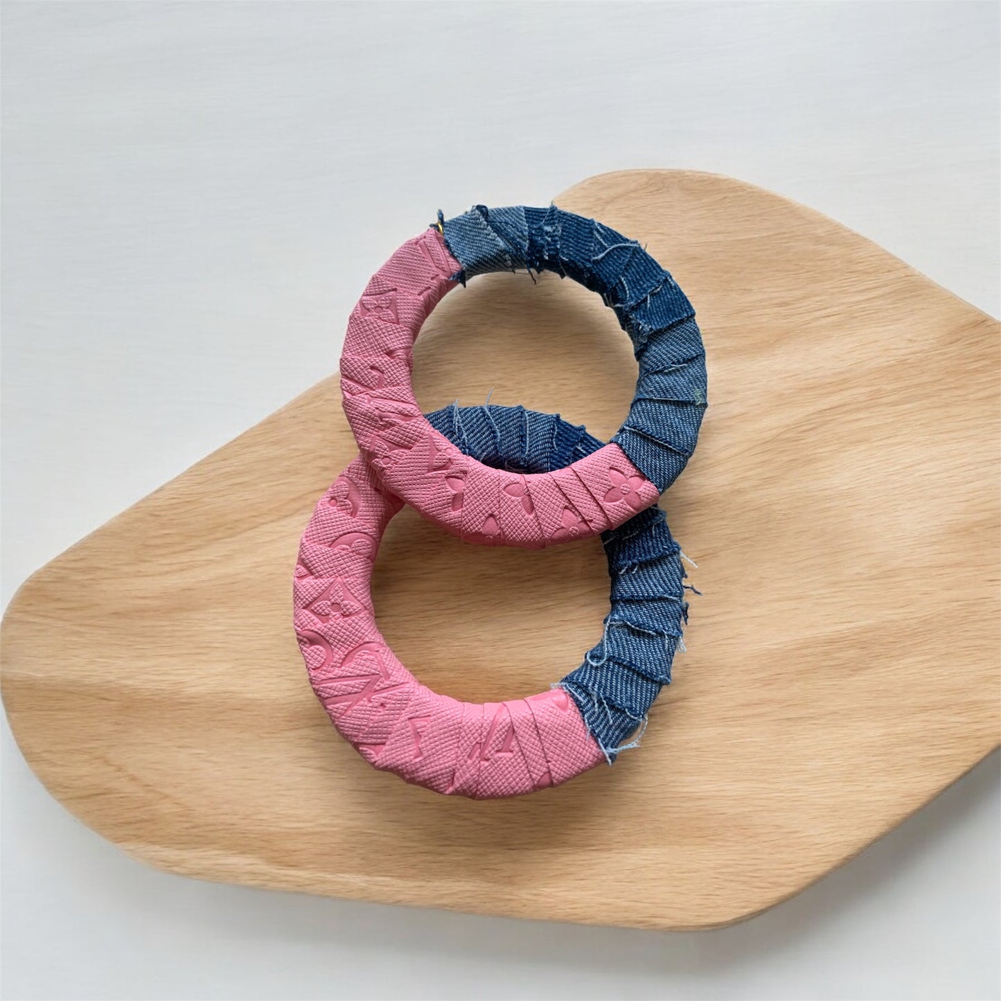 Fashion  Statement Denim Pink Wood Distressed Customized Big Hoops Designer Earrings Jewelry