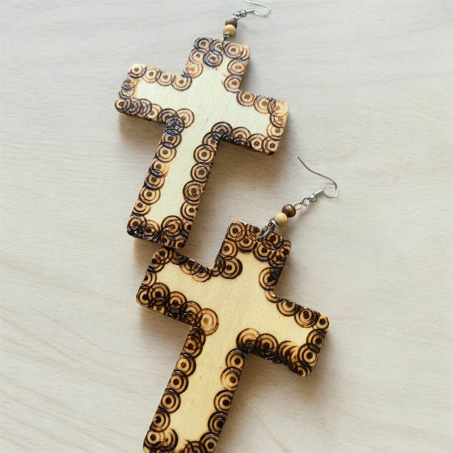 Beautiful Hand Carved Custom Handmade Styled Wood Cross Fashion Statement  Dangle Women's Earrings