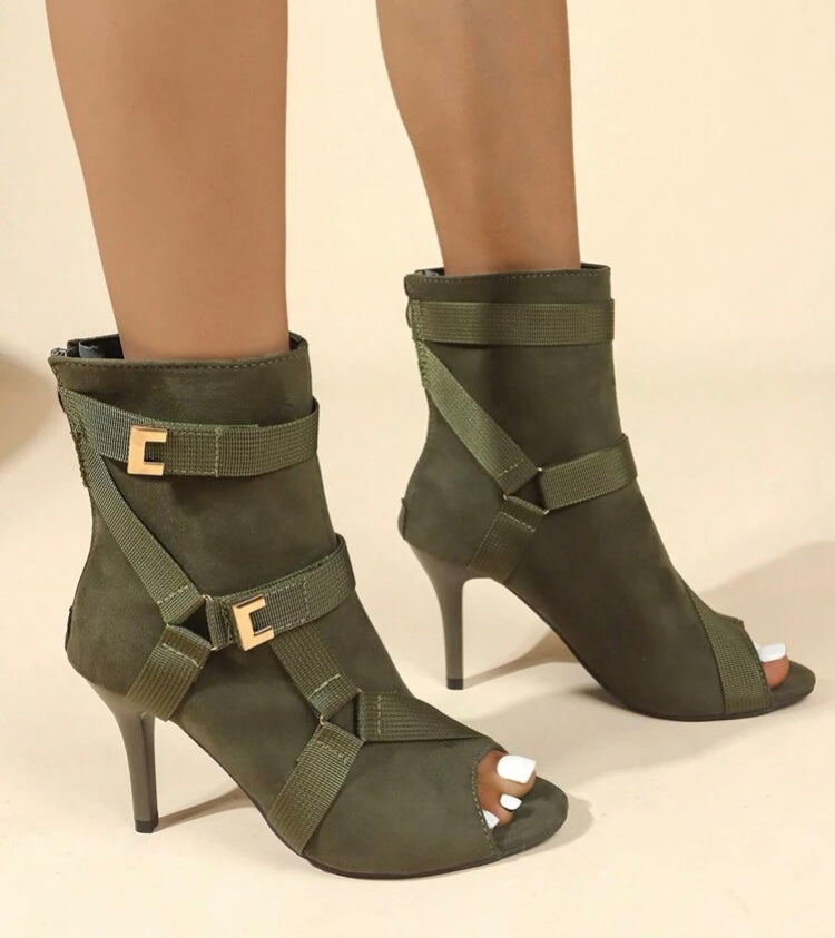 Army Girl Green Multiple Strap Trendy And Stylish High Heeled Peep-Toe Sandal Booties Fashionable Shoes Accessories