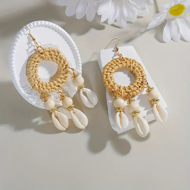 Nice Cowrie Round Woven and Shell Dangle Earrings  for Everyday Wear & Beach Summer Getaway Accessories