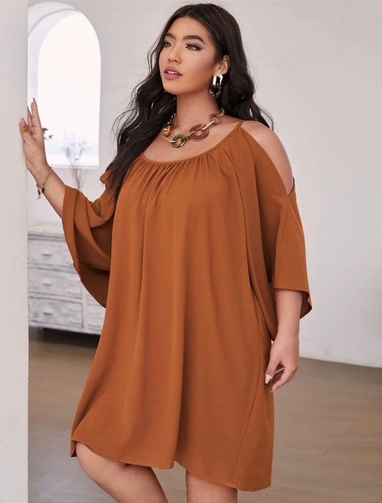 Sophisticated Burnt Orange Plus Cold Shoulder Night Out on the Town Party Styled Dress for the Confident One Clothing