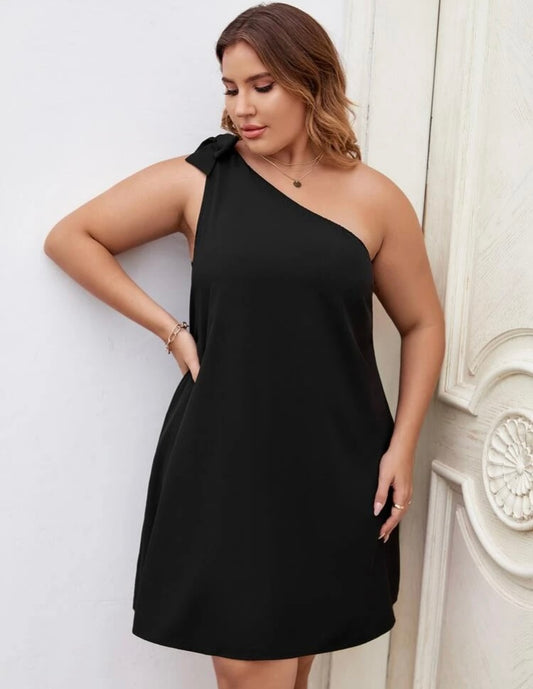 Sexy Black Diva Plus Size Bow One Shoulder Peek All Occasion Mini Party Dress Women’s Date Night Wear