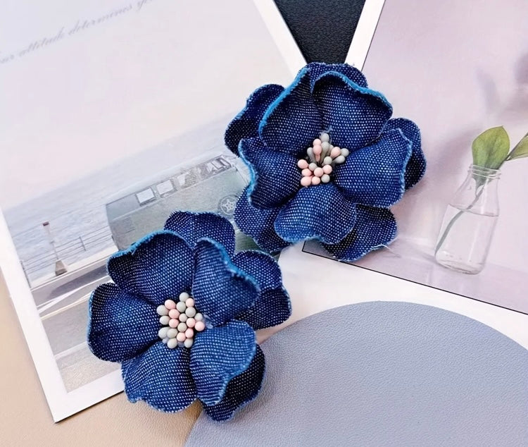 Denim Pretty Stud  Handmade Flower Blue Jeans Floral Statement Hot Fashion Ladies Earrings