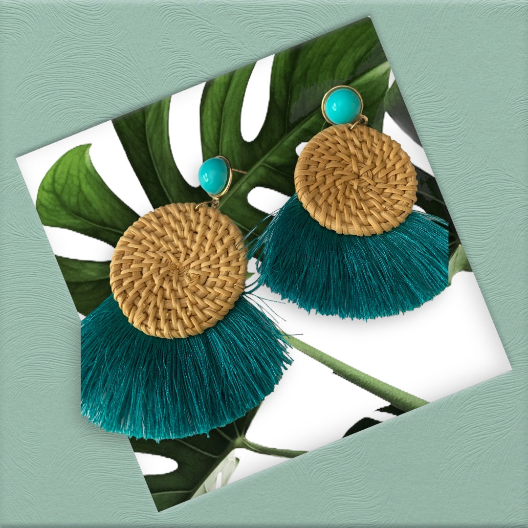 Women's Tassel Teal Green Woven Feathered Style Statement Chic Fashion Earrings Ladies