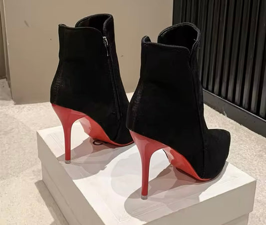 Stunning Black 10cm Height Stilettos Winter Red Bottom Heels Zip Warm Black Ankle Boots Women Footwear Shoes Women