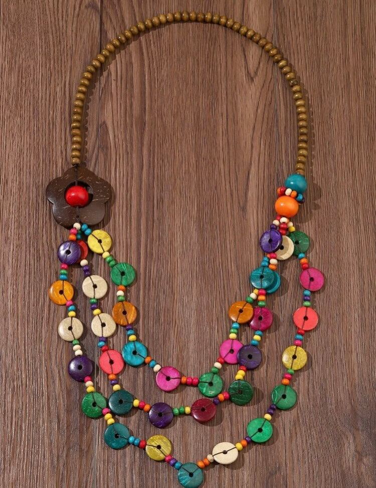 Fashion Wooden Beaded Multiple Colors Statement Necklace Women Nubian Style Jewelry