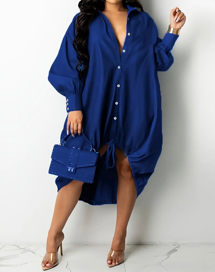 Classy High Fashion Button Front Drawstring  Shirt Dress Women's Plus Size Casual Stretch Loose Fit Trendy Statement Shirt Dress