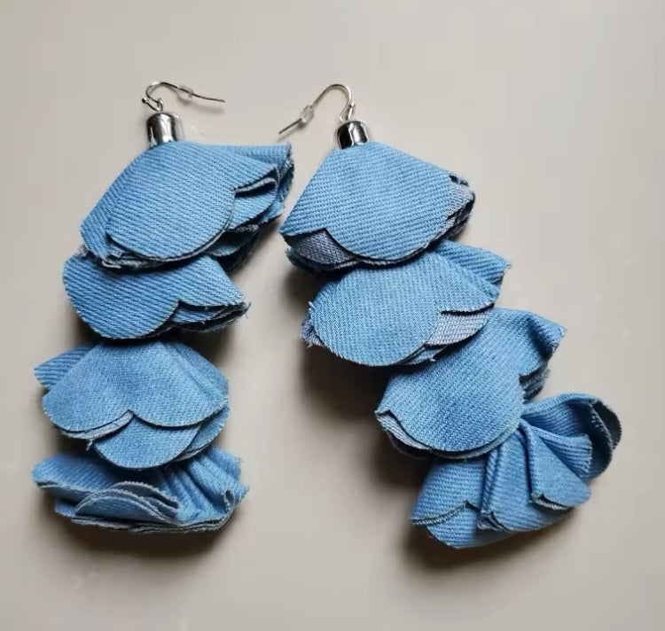 Beautiful Four Layered Denim Handmade Flower Petal Tassel Dangle Earrings for Women Fashion  Jewelry