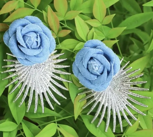 Blue Flower Denim Silver Spike Fashionable Statement Earrings Women’s Accessory