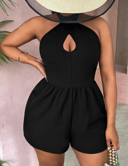 Sexy Slay Diva All Black Everything Plus Cut Out Halter Shorts Romper Women’s Clothing