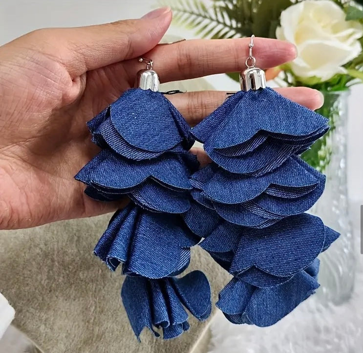 Beautiful Four Layered Denim Handmade Flower Petal Tassel Dangle Earrings for Women Fashion  Jewelry