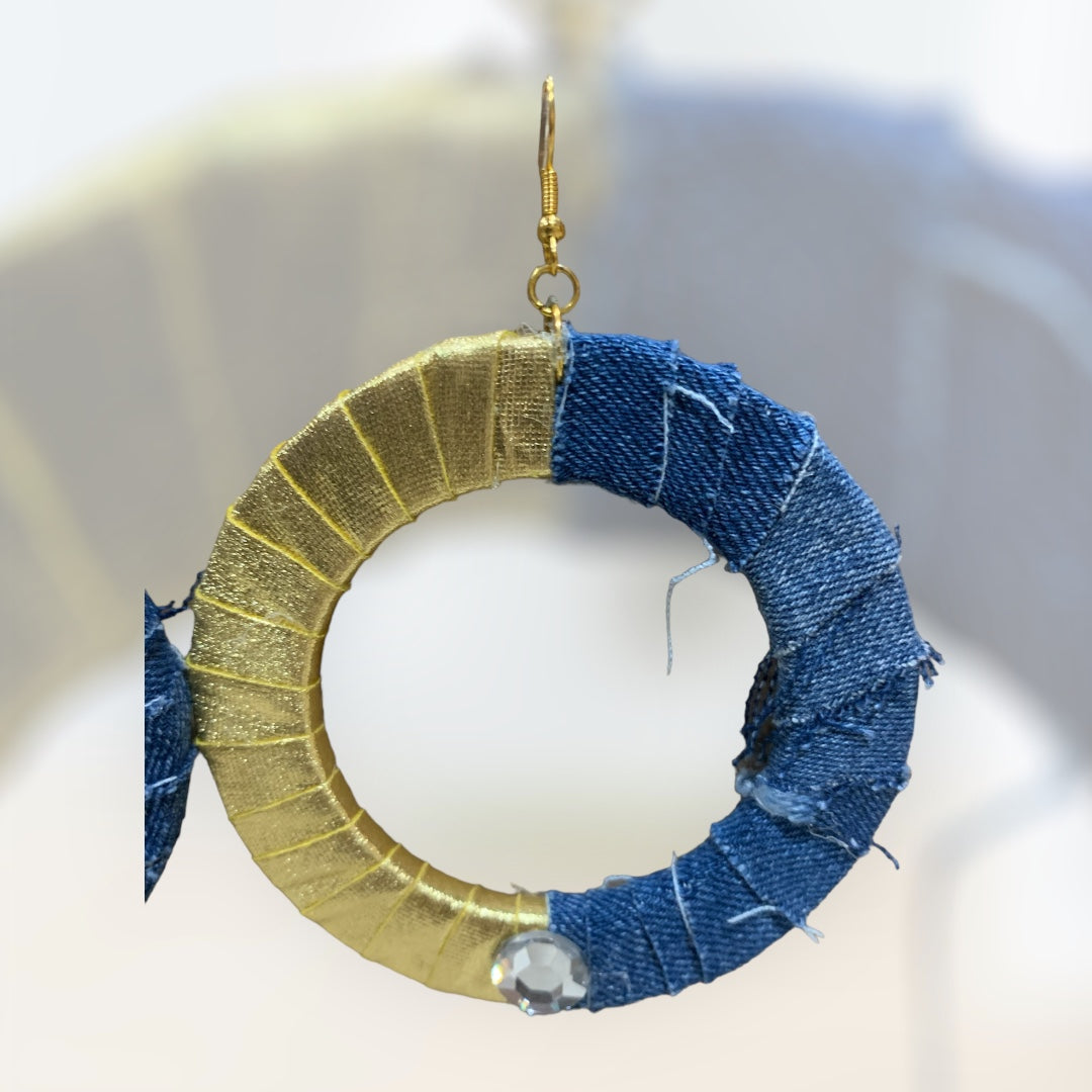 Fashion Statement Denim Shimmering Gold Wood Distressed Customized Hoop Earrings Jewelry