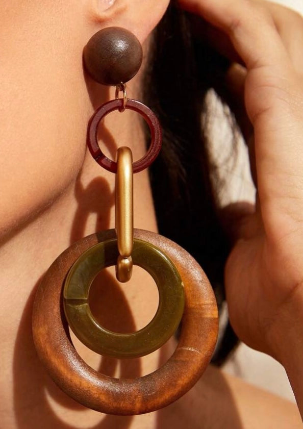 Army Green Brown Two Earth Tone Colored Fashion Statement Wooden Bohemian Style Earrings