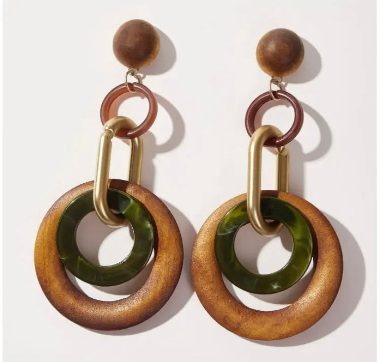 Army Green Brown Two Earth Tone Colored Fashion Statement Wooden Bohemian Style Earrings