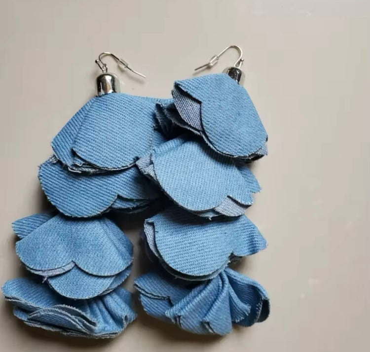 Beautiful Four Layered Denim Handmade Flower Petal Tassel Dangle Earrings for Women Fashion  Jewelry