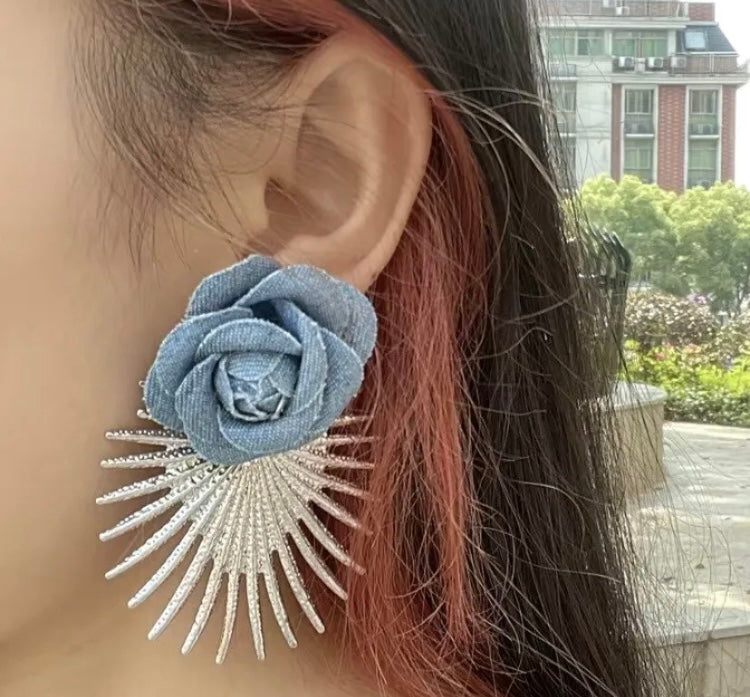 Blue Flower Denim Silver Spike Fashionable Statement Earrings Women’s Accessory