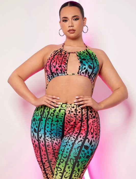 Taste the Rainbow Plus Leopard Print Cut Back Out Tie Backless Flare Leg Halter Jumpsuit