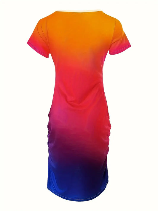 Skittles Candy Colors Comfortable Ruched Dress Flattering for Spring & Summer Casual Style Look Trendy Women's Plus Size Clothing