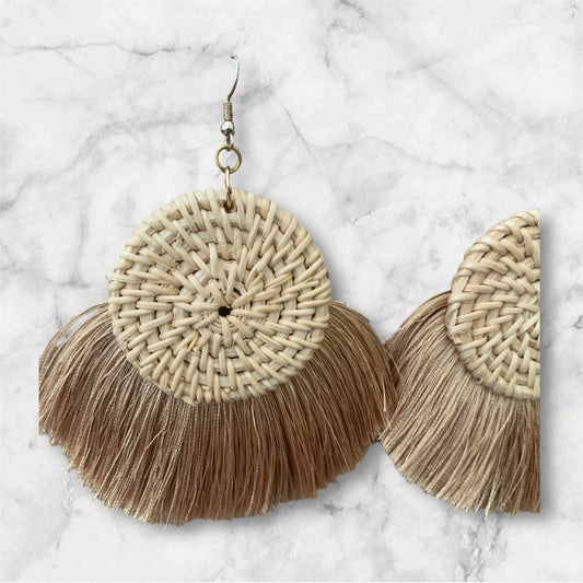 Women's Tassel Tan Feathered Style Woven Statement Chic Fashion Earrings Ladies