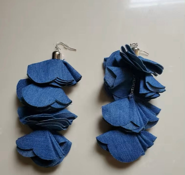 Beautiful Four Layered Denim Handmade Flower Petal Tassel Dangle Earrings for Women Fashion  Jewelry