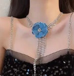 Elegant Styled Denim Blue Flower Tassel Earrings With Rhinestones Dangle Earrings for Formal & Casual Wear