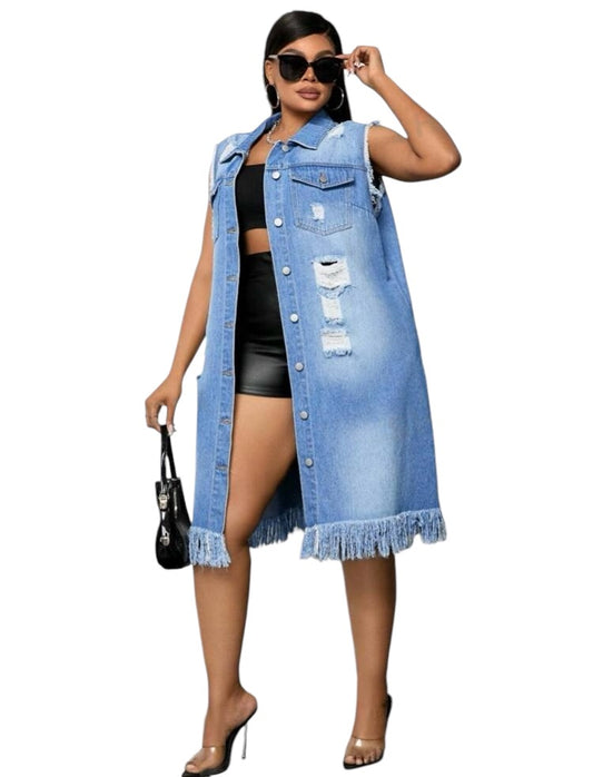 Denim Blue  Casual Fashion Sleeveless Fringe Vest Dress Plus Size