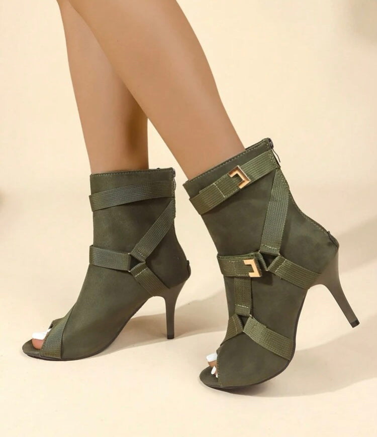 Army Girl Green Multiple Strap Trendy And Stylish High Heeled Peep-Toe Sandal Booties Fashionable Shoes Accessories