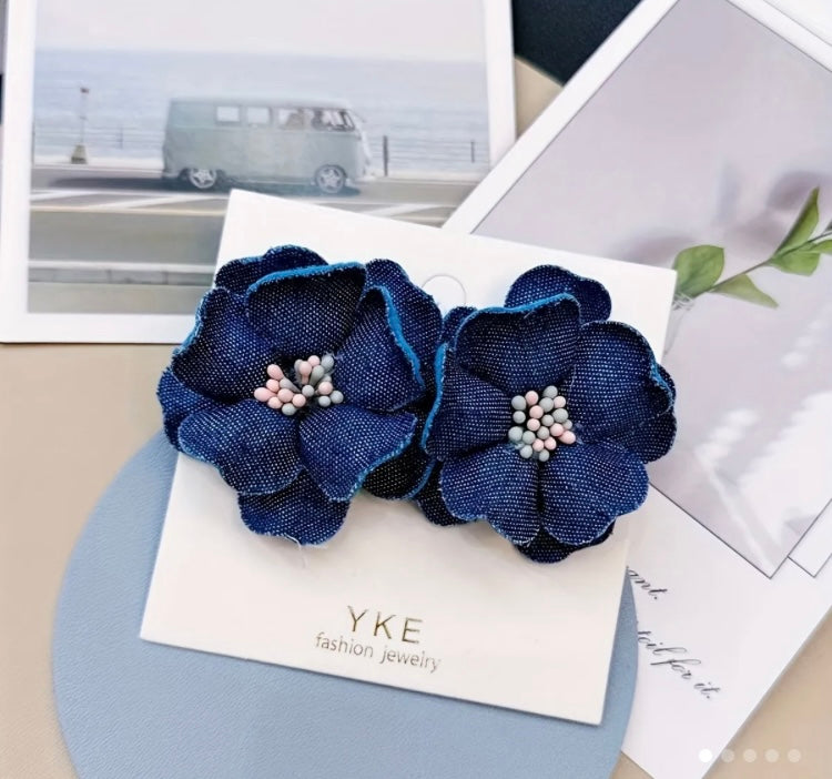 Denim Pretty Stud  Handmade Flower Blue Jeans Floral Statement Hot Fashion Ladies Earrings