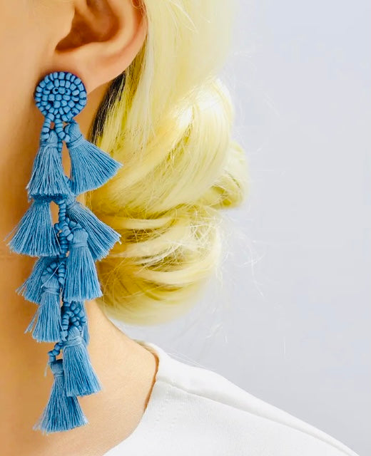 Blue Jean Colored Fashionable Jazzy Long Tassel Drop Dangle Earrings w Beads Statement Earrings Women Jewelry