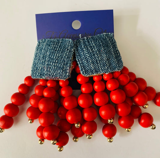 Red Denim Wooden Round Beaded Chain Drop Earrings High-Quality Fashion Trend Jewelry Accessories