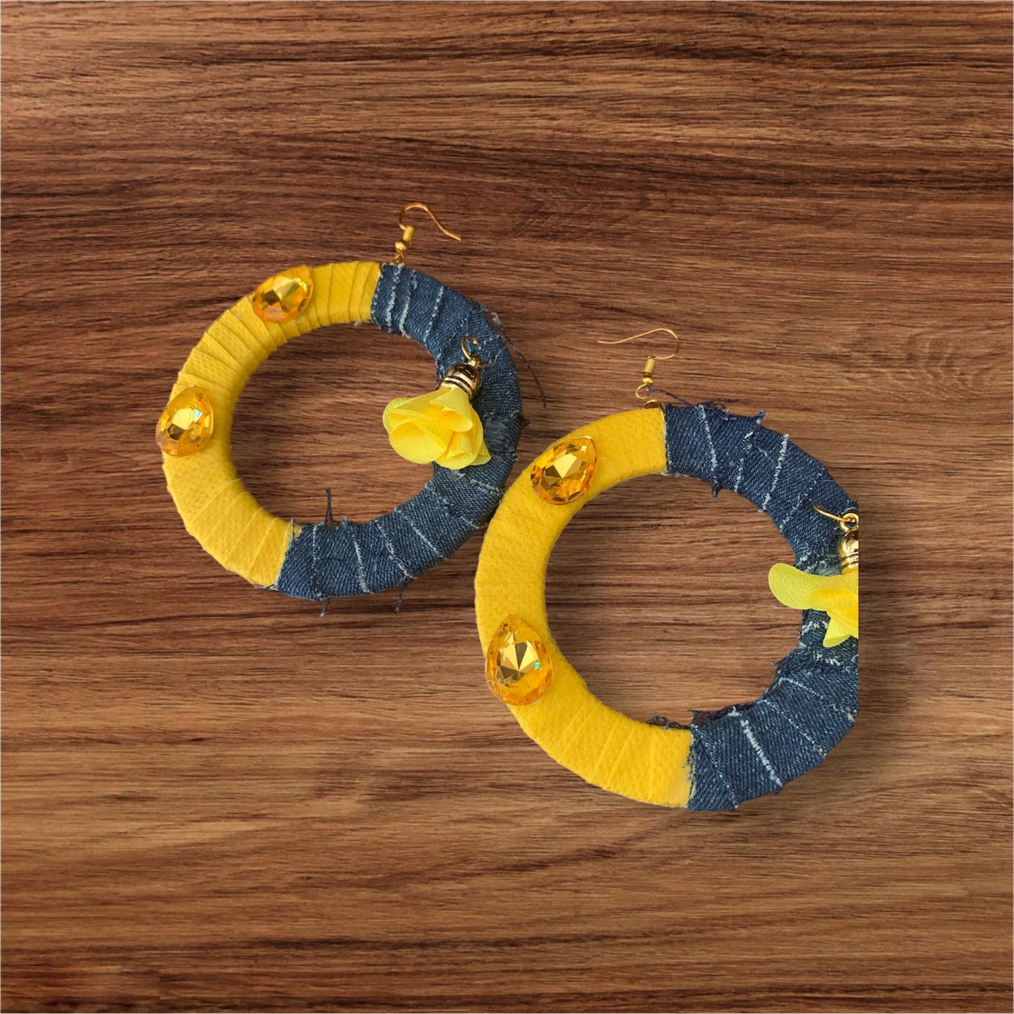 Fashion Statement Denim Yellow Wood Distressed Customized w Floral Enhanced Hoop Earrings Jewelry