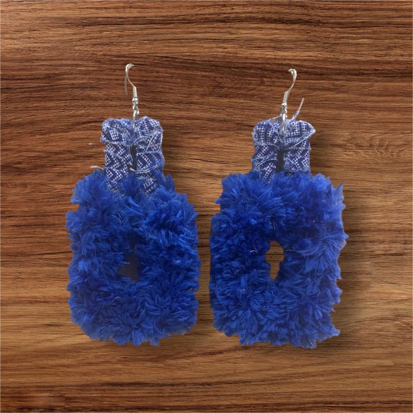 Fashion Statement Double Square Design Customized Denim Look Blue Furry Fuzzy Diva Chic Earrings Accessories