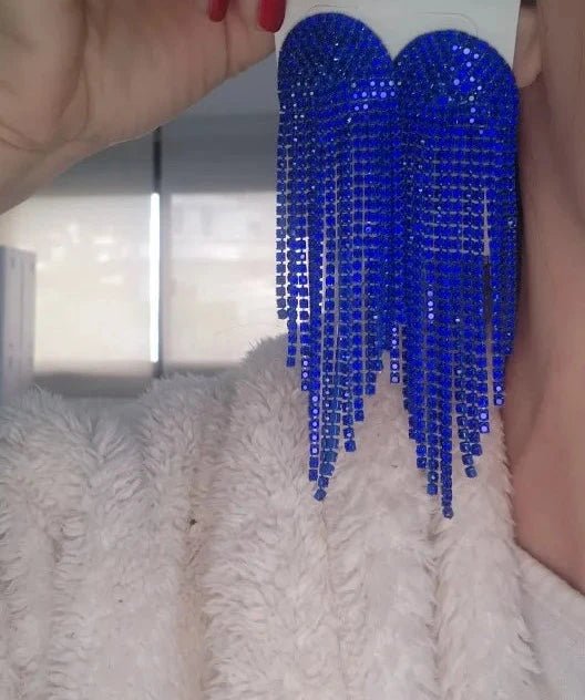 Trendy High Fashion Rhinestone Tassel Earrings For Women Statement Jewelry Shine Crystal Large Long Earring