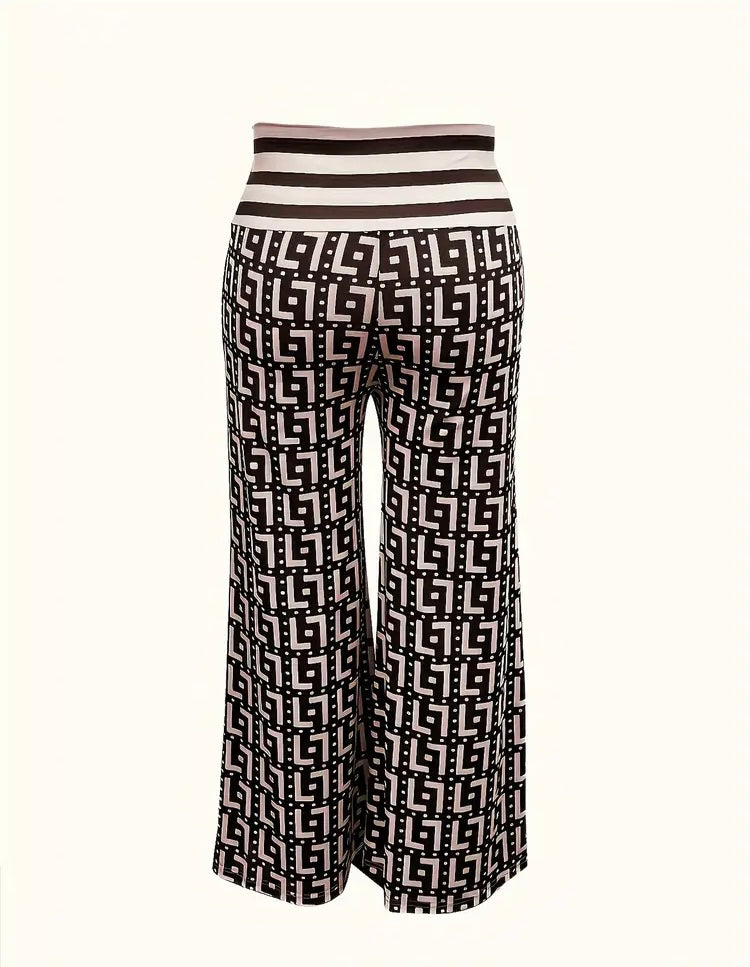 Black & Cream Styled Plus Size Geometric Print Straight Leg Pants Casual Elastic Waist Pants Women's Plus Size Clothing