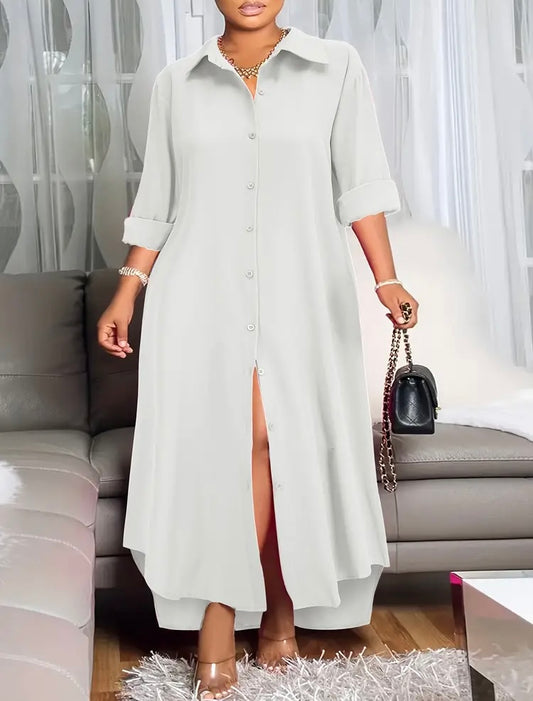 Loose Fit All White Solid Button Front Casual Collared Long Sleeve Dress for Women's Plus Size Clothing