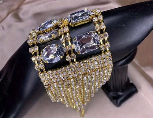 Elegant Rhinestone Big Square  Long Tassel Hand Chain Wrist Bracelet for Women Crystal Bangle Jewelry