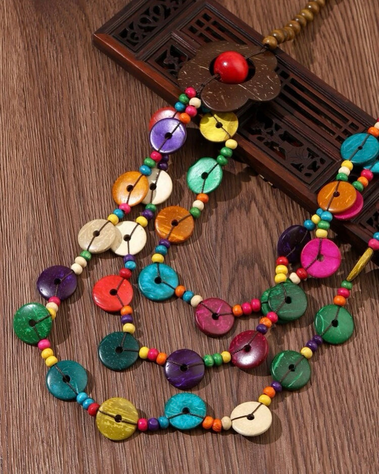 Fashion Wooden Beaded Multiple Colors Statement Necklace Women Nubian Style Jewelry