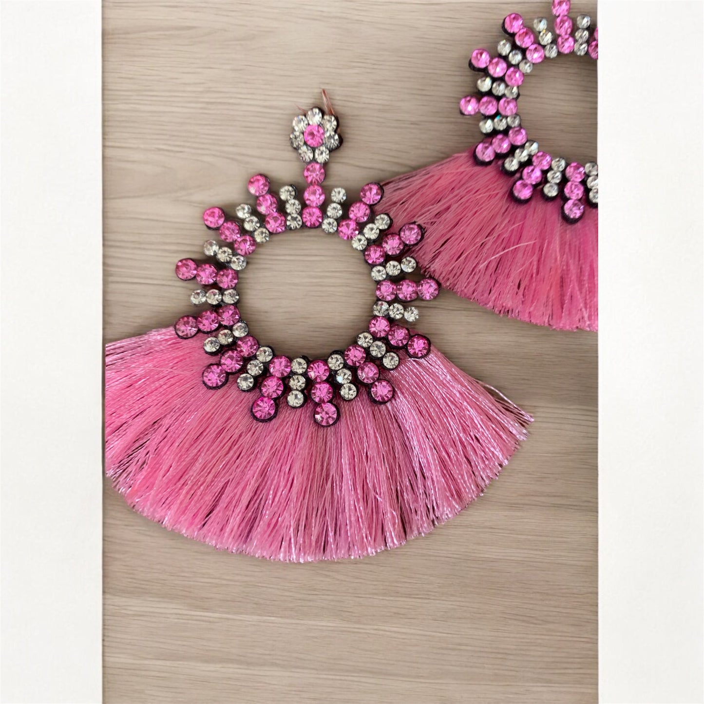 Pink Crystal Rhinestone Sparkling Tassel Women  Feathered Styled Statement Fashion Earrings