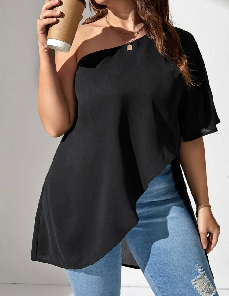 Women’s Black Casual One Shoulder Fashion Top Blouse Shirt  Plus Size