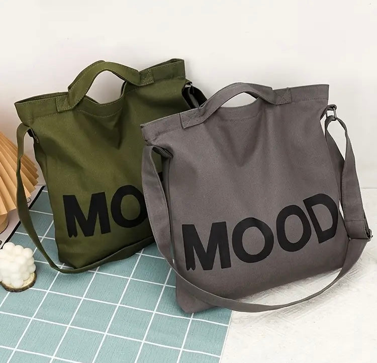 MOOD Letter Graphic Canvas Trendy Crossbody Tote Women's Fashion Style Gray Bag