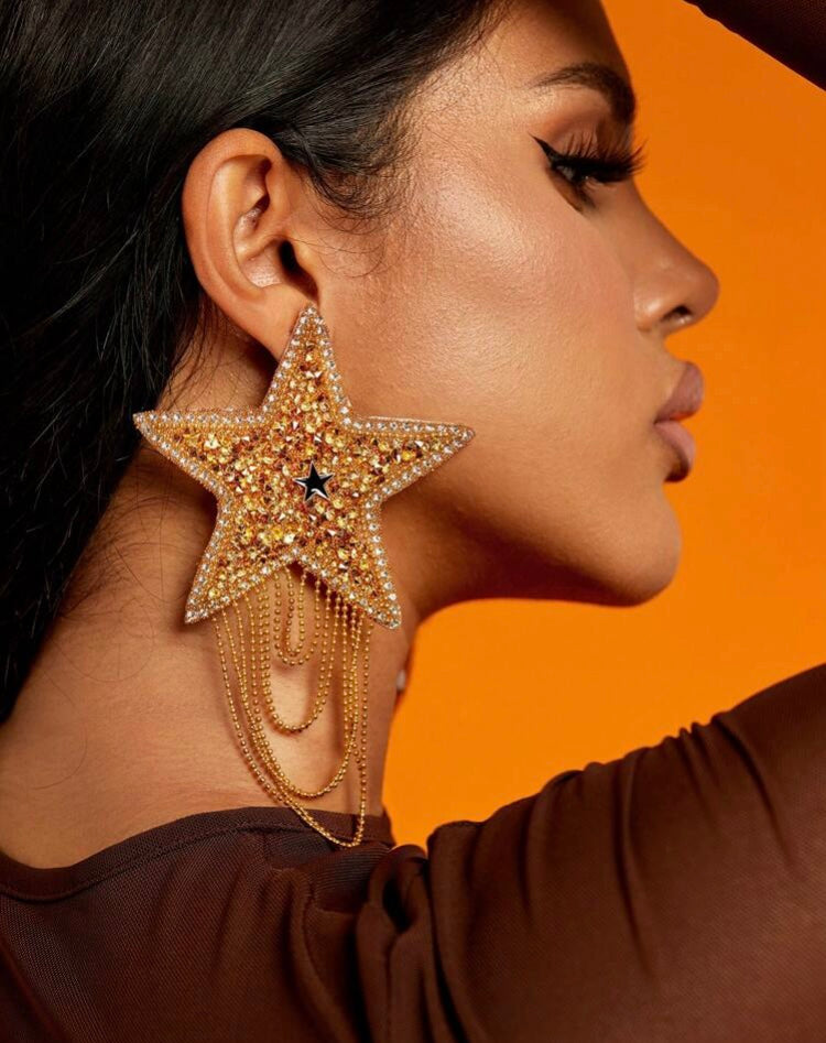 You R a Shining Gold Star! High Fashion Long Glitz Glitter Styled Dangle Earrings for Ladies Jewelry