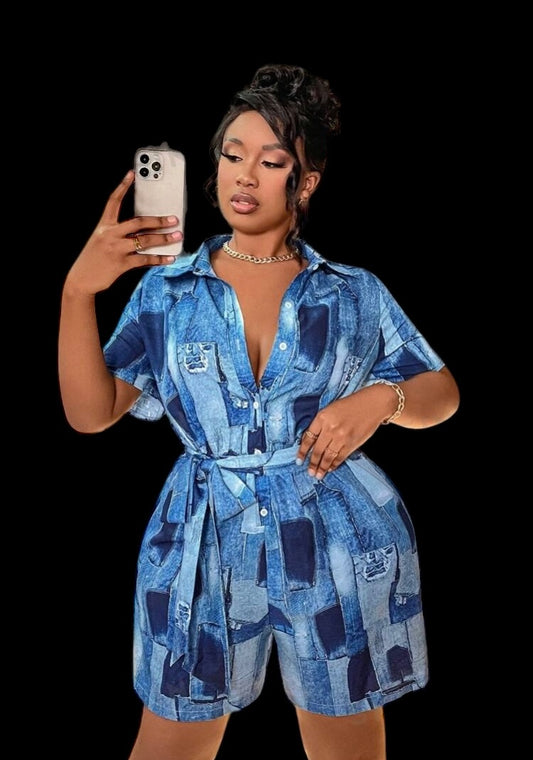 Sassy Short Blue Denim Look Romper Plus Size Women's Patchwork Jumpsuit Clothing