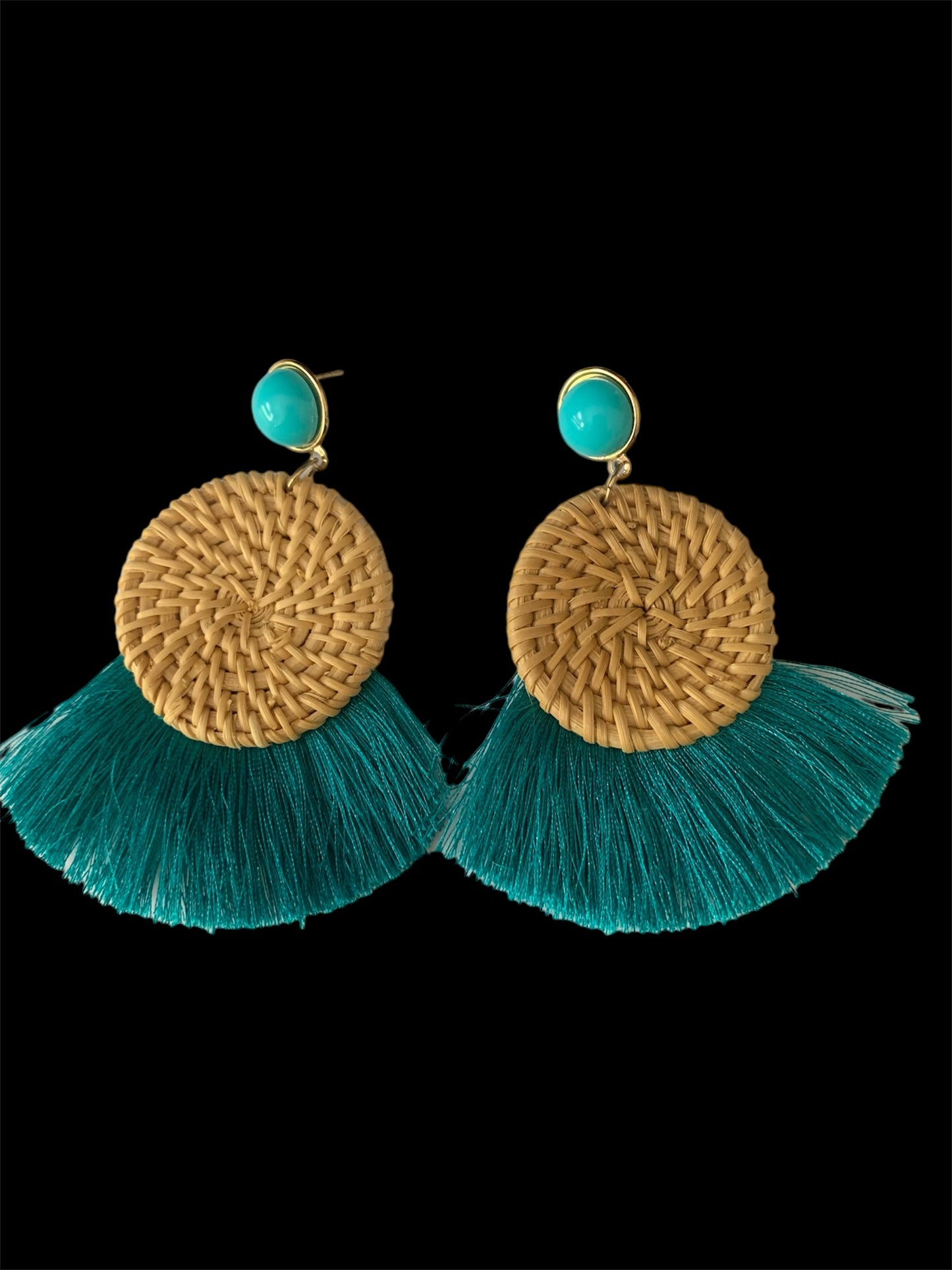 Women's Tassel Teal Green Woven Feathered Style Statement Chic Fashion Earrings Ladies