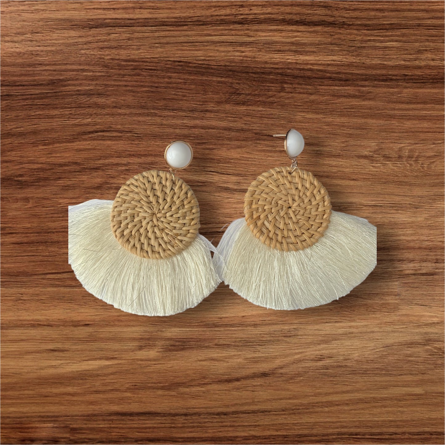 Women's White Woven Beach Styled Feathered Bamboo Styled Statement Fashion Earrings Accessory