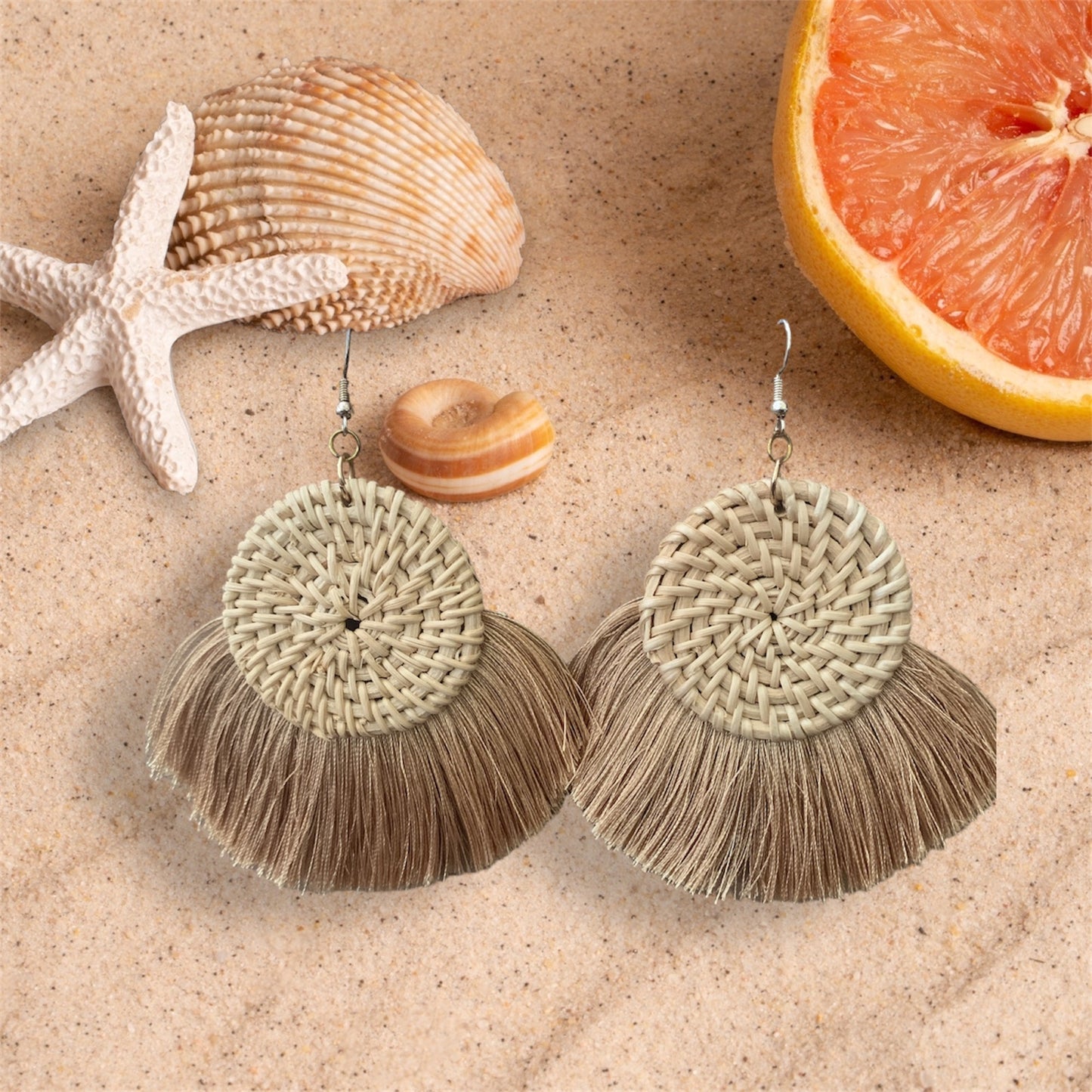 Women's Tassel Tan Feathered Style Woven Statement Chic Fashion Earrings Ladies