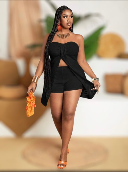 Sexy Seductive Summer Babe Black Plus Size Solid Color Twisted Front Split Strapless Top & Shorts Wear Clothes Set