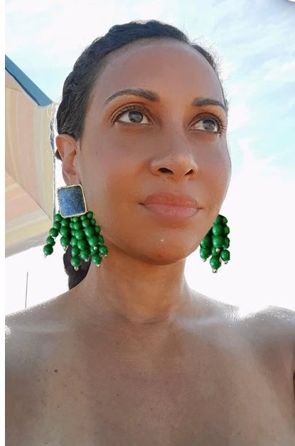 Green Denim Wooden Round Beaded Chain Drop Earrings High-Quality Fashion Trend Jewelry Accessories