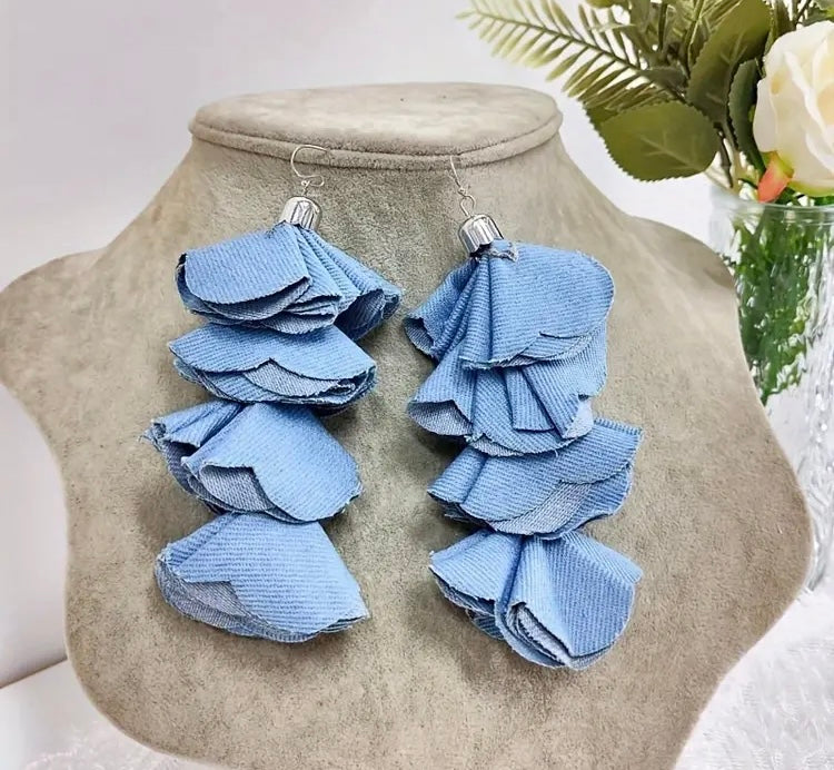 Beautiful Four Layered Denim Handmade Flower Petal Tassel Dangle Earrings for Women Fashion  Jewelry