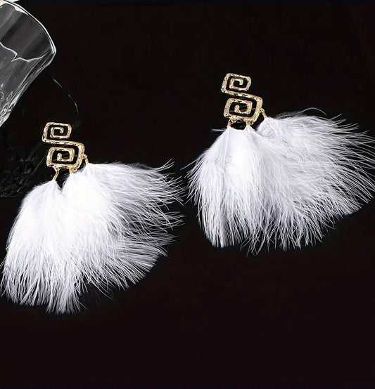 White Feather Golden Spiral Large Long Dangle Earrings for All White Party Style Trendy Holiday Ear Glam Accessories