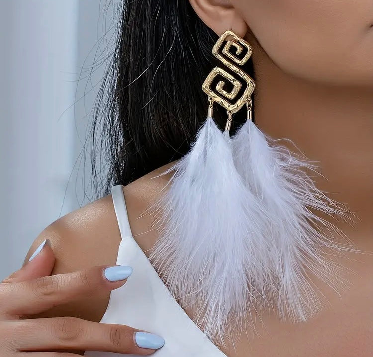 White Feather Golden Spiral Large Long Dangle Earrings for All White Party Style Trendy Holiday Ear Glam Accessories